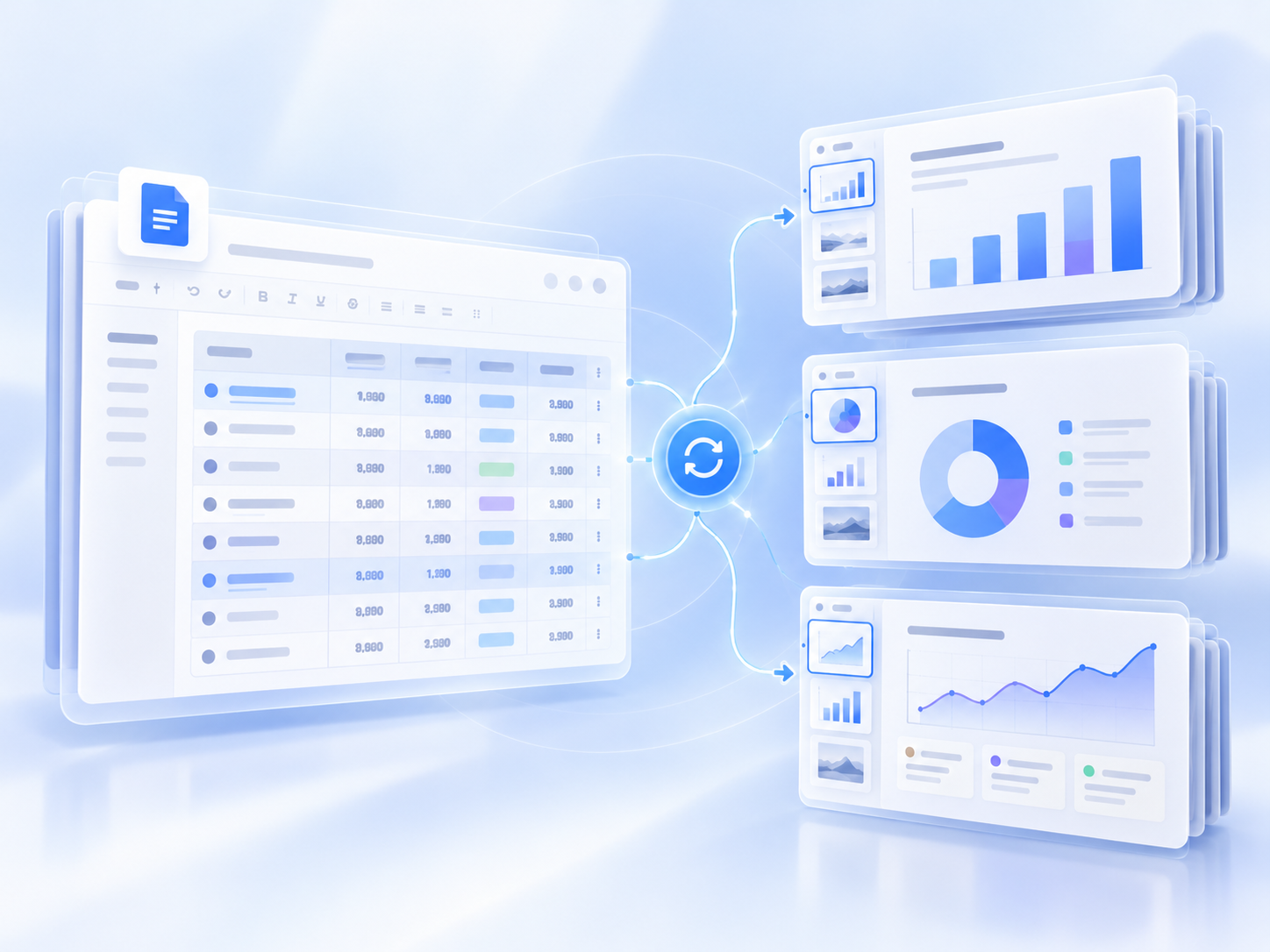 A Google Docs table syncing data to bar, donut, and line charts in presentations
