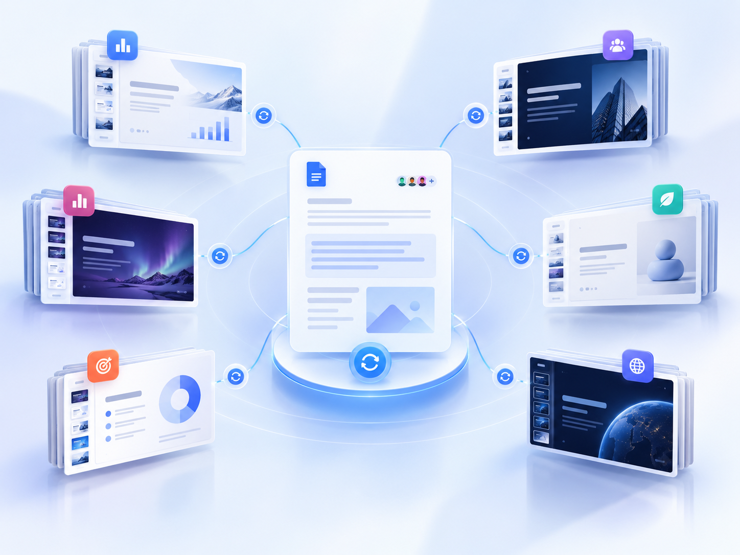 A central Google Doc connected to multiple synchronized presentations
